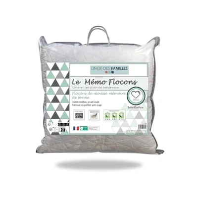 Image de Linge des Familles Oreiller à Flocons Mémoire de Forme Moelleux 60x60 cm Enveloppe Matelassée Adapté au Couchage sur Le Ventre Lavable en Machine Fabriqué Europe