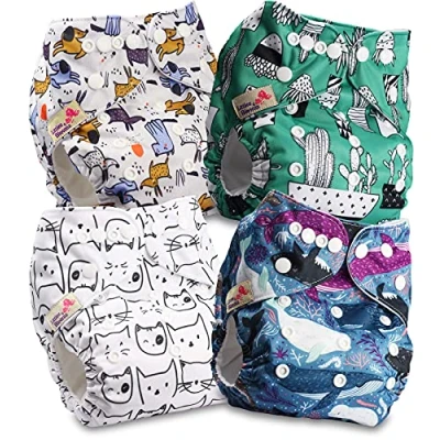 Image de Littles &amp; Bloomz Lot de 4 Bébé Couches Réutilisables en Tissu Couche Lavable à Poche avec Bouton Pression, FLP2 0408