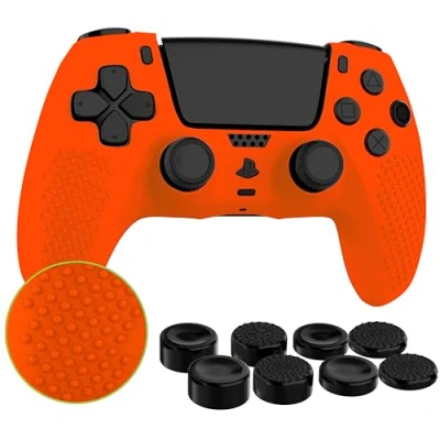 Image de MyGadget Housse Silicone Compatible avec Manette PS5 INCL. 8 Capuchons pour Joysticks (Petits Grands) Coque Playstation 5 Dualsense Wireless en Orange