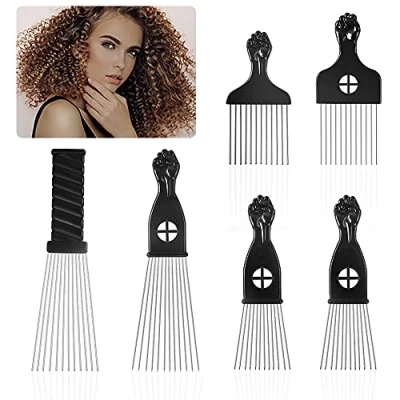 Image de 6 Pièces Peigne Afro Metal Brosse Pick Plastique Cheveux Poignee Africains Picks à Pic Bouclés Coiffure Comb （5 Style）