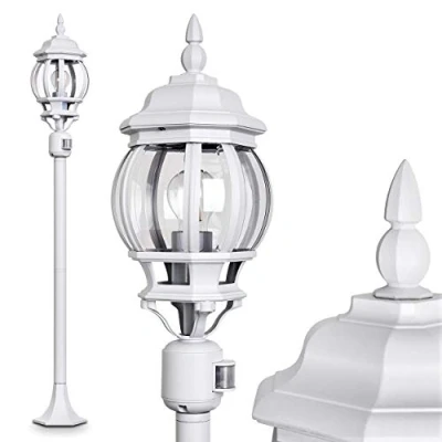 Image de Lampadaire extérieur Lentua avec détecteur de mouvements, luminaire vintage en aluminium moulé blanc 130 cm haut, jardin pour 1 ampoule E27, ampoule(s) non incluse(s), IP44,