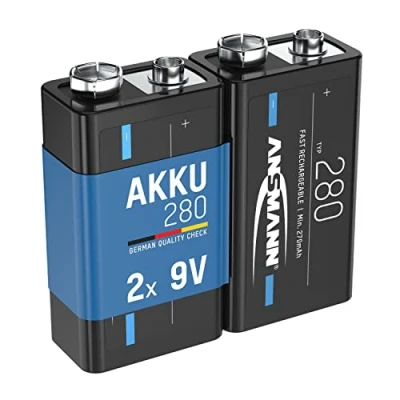 Image de ANSMANN Piles 6F22 9V 280 mAh NiMH rechargeables (Lot de 2) Bloc alimentation à faible autodécharge et haute capacité idéales pour pédale guitare, microphone, télécommande, etc.
