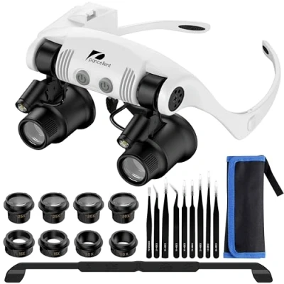 Image de Pancellent Loupe de Réparation Montre,Loupe à Montage sur tête,4 Lentilles Détachables, 2 Lumières LED,Loupe Lecture Mains Libres pour Lecture,Réparation électronique (10X, 15X, 20X, 25X)