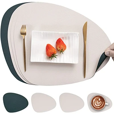 Image de Myir JUN Set De Table en Cuir et Dessous Verre, Antidérapant Double Face TableLavable Imperméables Verre Plastique (Vert/Ivoire)