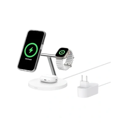 Image de Belkin BoostCharge Station de Recharge 3 en 1 avec Qi2 (Chargeur MagSafe Compatible pour Tous Les modèles l&#039;iPhone 16, Apple Watch, AirPods, Base antidérapante, Adaptateur Secteur Inclus, Blanc)