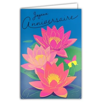 Image de AFIE 69 8104 Carte FLUO Joyeux ANNIVERSAIRE avec Enveloppe 12x17,5cm Illustration Fleurs Nénuphars Roses Lotus d&#039;eau bleue Papillon Véritables encres Créé et Fabriqué en France
