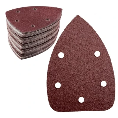 Image de Lot de 50 feuilles papier abrasif triangulaire, grain 80, 5 trous, auto agrippant, delta pour ponceuse triangulaire 140 x 100 mm
