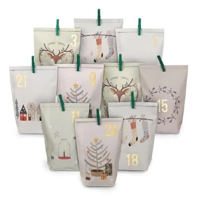 Image de Calendrier de l&#039;Avent extravagant à remplir avec 24 sacs cadeaux imprimés en turquoise et autocollants clips numérotés motif sirène pour bricoler offrir Noël Avent