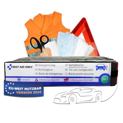 Image de First Aid Only Kit d’Urgence 3 en 1 pour Voiture Din 13164 Triangle de Signalisation Euro 2 Gilets Sécurité Iso 20471:2013 Gris P 10021