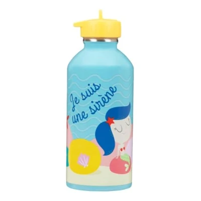 Image de gourde enfant Acier inoxydable DRAEGER PARIS Facile à nettoyer réutilisable Idéale pour parc, école Contenance 300ml 17 cm x 6,5 Bleu Message inscrit : Je suis une sirène