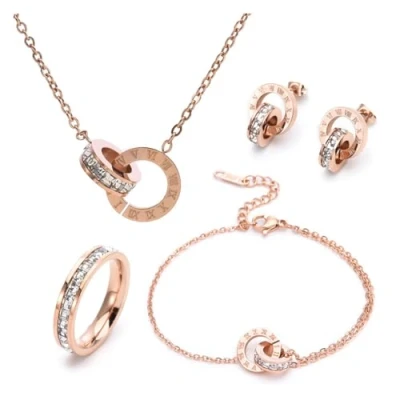 Image de RPAEOY Parure Ensemble de Bijoux Femme Chiffres Romains Cercle Zircon Acier Inoxydable Plaqué Or Argent Boucles d&#039;oreilles Bracelet Bague Collier Élégantes Mariage Soirée Cadeau (Or Rose)