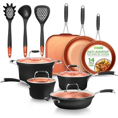 Image de NutriChef Ensemble de casseroles et poêles empilablesEnsemble antiadhésives en céramique,batterie cuisine pour plaque à induction,ensemble cuisson, résistant la chaleur,14 pcs