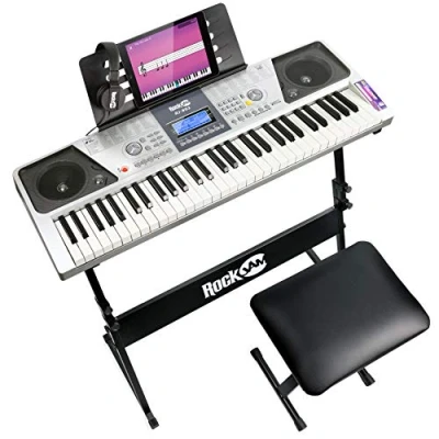Image de RockJam Ensemble de piano 61 touches avec banc numérique, support électrique, écouteurs, autocollants pour notes et leçons Simply