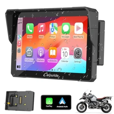 Image de Carpuride W702B Écran GPS CarPlay avec Support personnalisé pour Moto BMW, sans Fil et Android Auto, écran Tactile Portable 7&quot; étanche, Double Bluetooth, Navigation Siri.