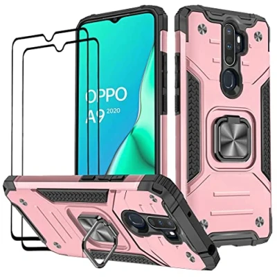 Image de KANSI Coque Compatible pour Oppo A9 2020 / A5 2020, Verre Trempé [2 Pièces] Housse TPU Silicone Rotation 360 Aimant Anneau Support Double Défense Protection Etui Or Rose