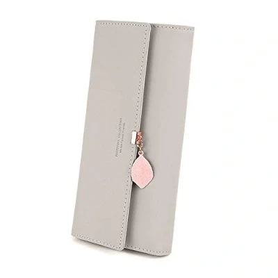 Image de RRANCharltu Portefeuille Femme Longue Porte Cartes Monnaie à glissière avec Feuille Pendentif en PU Cuir, 10 Emplacements pour Cadeau de Noël Saint Valentin (Gris)