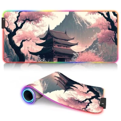 Image de Japanese Temple RGB Gaming Mouse Mat Large 14 Modes XXL Extended Pad LED Mousepad Soft Computer Keyboard Mice for Macbook PC Laptop 15.7x35.4inch