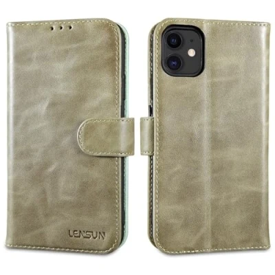 Image de LENSUN Coque pour iPhone 11, Etui à Rabat en Cuir Véritable Housse [RFID Blocage] Portefeuille avec Rangements Cartes et Fermoir Magnétique Compatible 11 Vert Vintage
