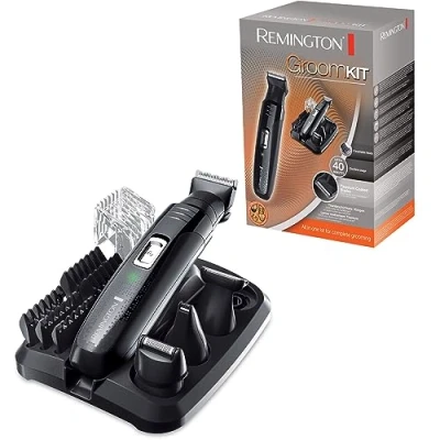 Image de Remington Tondeuse Barbe [Multifonction 10 accessoires] GroomKit (Polyvalent: Poils du visage, 4 têtes interchangeables, Lames Titanium lavables, Sans fil, Socle de rangement) PG6130