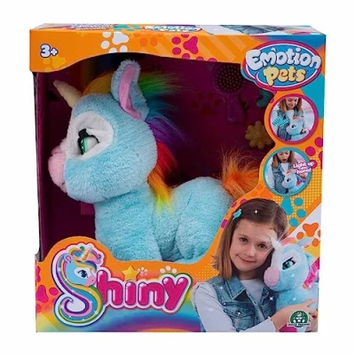 Image de Giochi Preziosi Emotion Pets, Shiny Peluche Licorne, Jeux Enfants 3 Ans +, Interactive avec Brosse et 2 Pinces Colorées Inclus, Couleur Bleu Crinière Queue Arc en Ciel