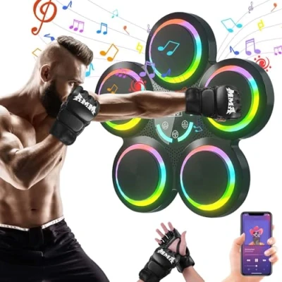 Image de UOEONR Machine de Boxe Musicale,à Montage Mural, LED Mural Musique avec Gants, Mode Bluetooth, 9 Modes Vitesse et comptage,Mode Comptage, pour Adultes Enfants (Noir+Gants)