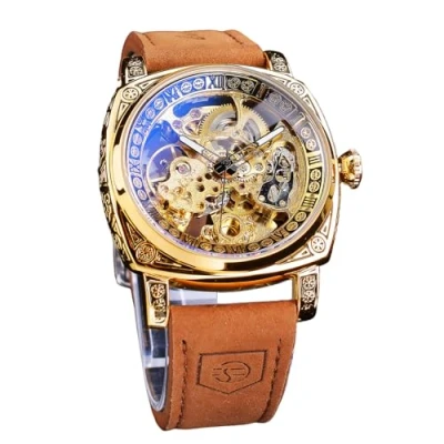 Image de FORSINING Montres fantaisie pour hommes, carrées, rétro, mécaniques, à remontage automatique, sculptées, mécanisme d’horlogerie, squelette doré, bracelet en cuir vintage, or, Rétro