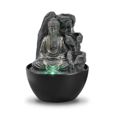 Image de Fontaine d’Intérieur Bouddha Relaxante Cascade Décoration Zen Feng Shui Porte Bonheur Idée Cadeau Futée et Utile Petit Prix de Table Lumière LED H 18cm Revata Zen’Light