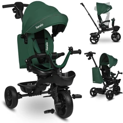 Image de Tricycle bébé évolutif 2en1 LIONELO Kori Poussette Siège réversible &amp; réglable Jusquà 25 kg Panier inclus Vert