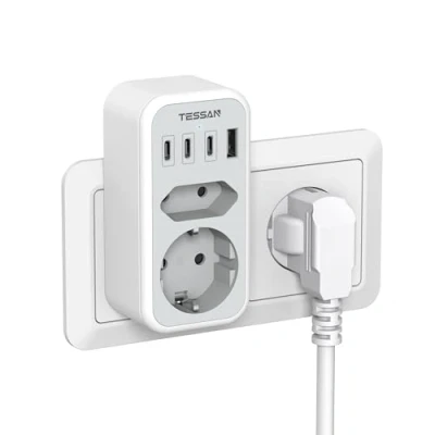 Image de TESSAN Multiprise Murale 2 Sortie AC avec 4 USB, Chargeur USB 3600W, 6 en 1 Prise Multiple Européennepour, Adaptateur Secteur pour Phone et Appareils Ménagers, Gris