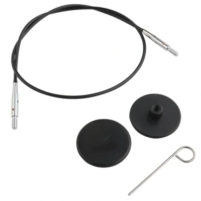 Image de KnitPro Acier Inoxydable Noir/Argent Fixe Interchangeable Câble pour 50cm Aiguille avec Capuchons d&#039;Extrémité et Clé de 1 Ensemble
