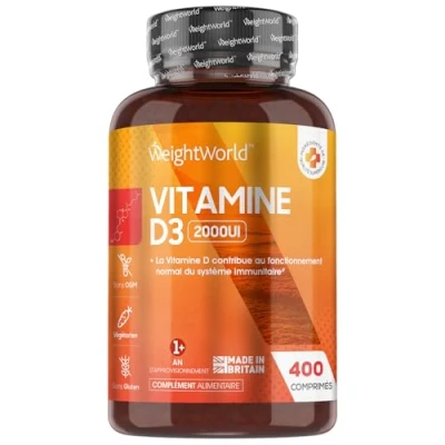 Image de Vitamine D3 2000 UI Cholécalciferol, 400 Micro Comprimés Végétariens Pour +1 An, le Système Immunitaire, les Muscles, Os, Dents, Absorption Normale du Calcium,Vitamine D d&#039;Été WeightWorld