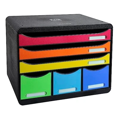 Image de Exacompta Réf. 306798D STORE BOX Caisson 6 tiroirs, 3 tiroirs pour documents A4+ et fins hauts Dimensions extérieures : Profondeur 27 x largeur 35,5 Hauteur 27,1 cm noir/arlequin