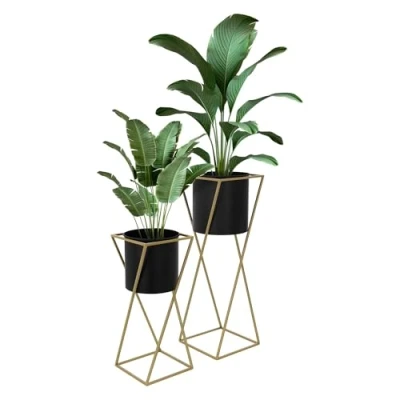 Image de ML Design Set de 2 Supports Plantes, 21x21x51/24x24x70,5 cm, Noir et Or, en Acier, Support Pots Fleurs avec Cache Pot, Porte Décoratif, Tabouret Moderne Salon Entrée Terrasse