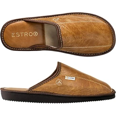 Image de ESTRO Chaussons Hommes Pantoufle Chausson Homme Cuir Laine Mules Pantoufles Semelle Inoubliable Rust (Chameau, 42)