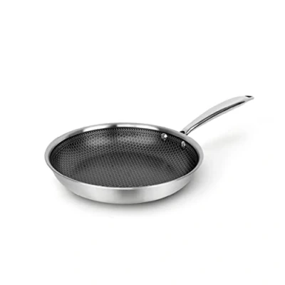 Image de Qulinart by Brandt, Poêle en Acier Inoxydable Triply, Revêtement Nid d&#039;Abeille Anti Adhésif et rayures, Tous Feux dont Induction, Sans PFOA ni Couvercle, Argenté… (24 cm)
