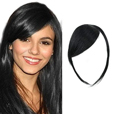 Image de Pince à Franges Latérales Épaisses En Vrai 100% de Cheveux Humains Extensions Droites (Couleur Noire Naturelle, avec Branches) (Frange Épais Temple, Noir Jais)
