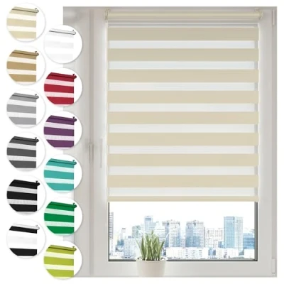 Image de Sonello Store Enrouleur Jour Nuit Klemmfix sans perçage 40cm x 130cm crème, Facile à Installer avec Clips pour Fenêtre ou Porte, Stores Zébrés de Protection Solaire, en Tissu Double