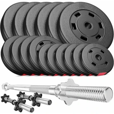 Image de Hop Sport Kit 58 kg Barres d&#039;Haltère, Disques de poids, Ensemble d&#039;haltères avec Barre longue 167 cm, courtes 45 Set poids 6x5 kg, 4x2,5 6x1,25