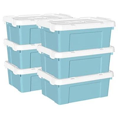 Image de Cetomo 20L*6 Boîte de rangement en plastique, fourre tout, Récipient d&#039;organisation avec couvercle durable et boucles verrouillage sécurisées, Empilable emboîtable, Lot 6, Bleu boucle