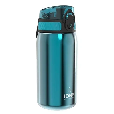 Image de Ion8 Gourde Enfant Acier Inoxydable 400ml, Anti Fuite, Facile à Ouvrir, Verrouillage Sécurisé, Lavable au Lave Vaisselle, Poignée de Transport, Nettoyer, Durable, Aqua Métallisé