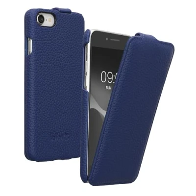 Image de kalibri Housse Rabattable Pochette Ultra Fine Compatible avec Apple iPhone SE (2022) / (2020) 8 7 Étui de Protection en Cuir Bleu Marine