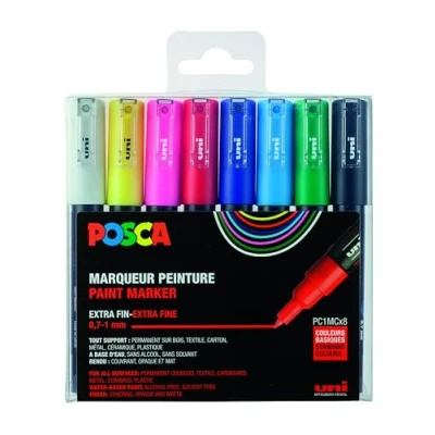 Image de POSCA Uni Mitsubishi Pencil 8 Marqueurs PC1MC Pointe Extra Fine Conique Peinture À Base d&#039;Eau Tout Support Pour Papier, Textile, Verre, Galet, Bois