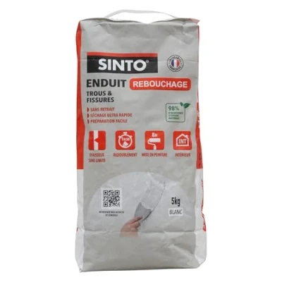 Image de SINTO Enduit de Rebouchage Poudre 5kg Sachet Doypack Bois, Plâtre, Ciment, Brique Sans Odeur Séchage Rapide Excellente Adhérence Intérieur Extérieur Technique Professionnelle