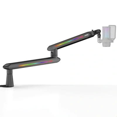 Image de IXTECH bras de microphone RVB à profil bas pour micro, support réglable avec pince fixation bureau, rotatif gestion des câbles podcast, streaming, studio jeu