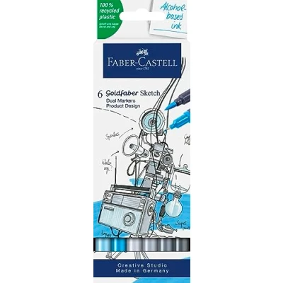 Image de Faber Castell 164806 Goldfaber Sketch Marker Design de produit, étui 6 marqueurs à alcool avec pointe Brush et Fineliner