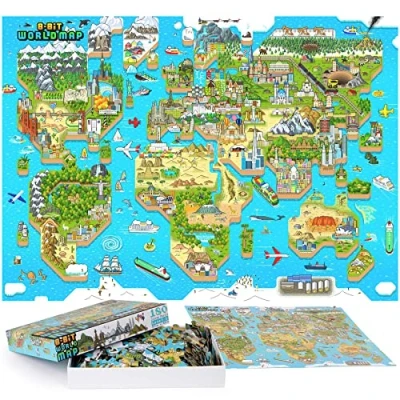 Image de Puzzle Enfant 5 Ans 8 Ans/Puzzle Carte du Monde 180 Pieces dans Un Style Rétro Bits Fabriqué avec Carton 100% Recyclé par bopster