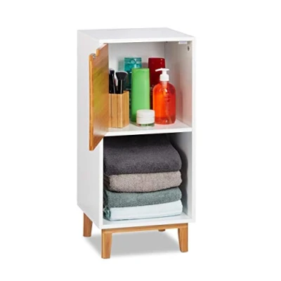 Image de Relaxdays Pieds, Etagère de Salon avec Porte, Armoire d’appoint en MDF et Bambou, HLP 71x32x30 cm, Blanc, Weiß, 71 x 32 30 cm