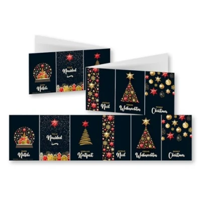 Image de Edition Colibri 11162 Lot de 10 cartes Noël panoramiques XL : sapin doré avec enveloppe, pliantes, sans texte, classiques, noires, dorées, boules à neige, multilingues