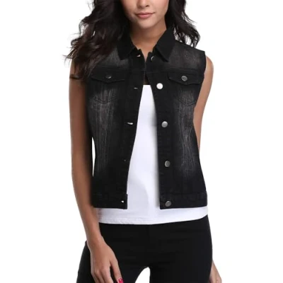 Image de MISS MOLY Gilet en Jean Femme Denim pour Femmes boutonné sans Manches Jeans Small,Noir