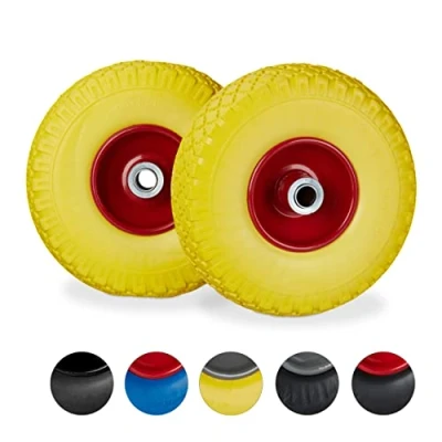 Image de Relaxdays Roue de Diable, Lot 2, Roues brouette, en Caoutchouc, axe 20 mm Acier, 3.00 4&quot;, 260 x 85 mm, Jaune Rouge